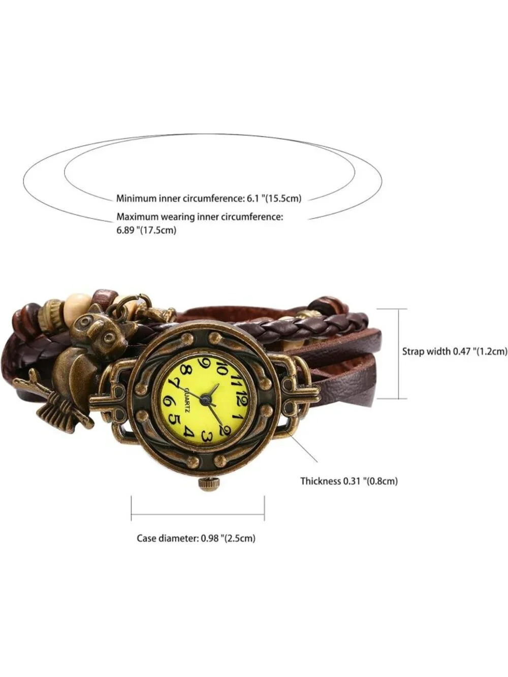 Women's Brown Analog Quartz Owl Bracelet Weave Wrap Around Leather Wrist Watch